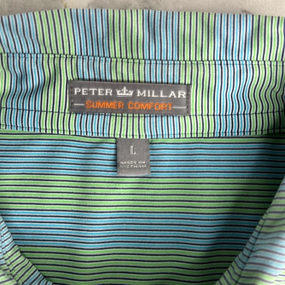 Peter Millar summer comfort polo. Light blue and green striped. Size large - Picture 3 of 9